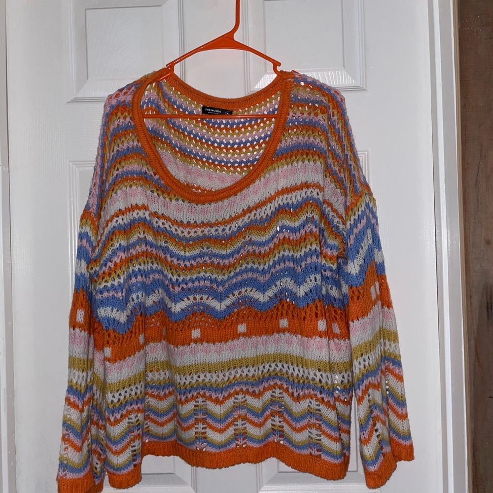 SHEIN Multicolor Open Knit Striped Sweater - Orange, Blue, Pink